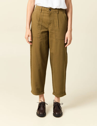 Jeans barrel taille haute 7/8&egrave;me vert kaki femme