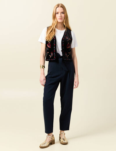 Pantalon carotte ceinturé bleu marine femme