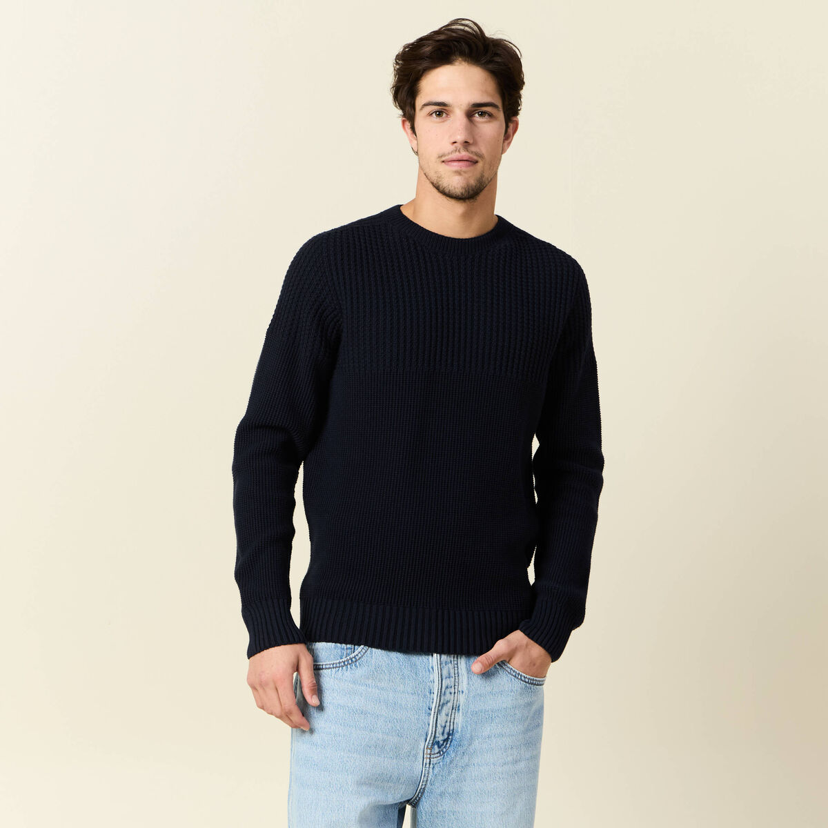 Pull manches longues fabriqué en France bleu marine homme