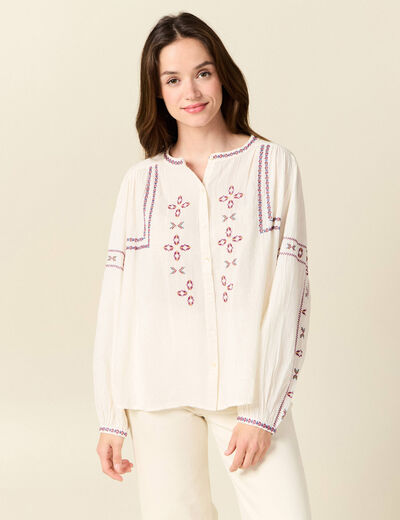 Chemise manches longues brodée creme femme