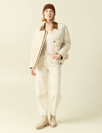 Jeans barrel 7/8&egrave;me avec ceinture denim blanc femme