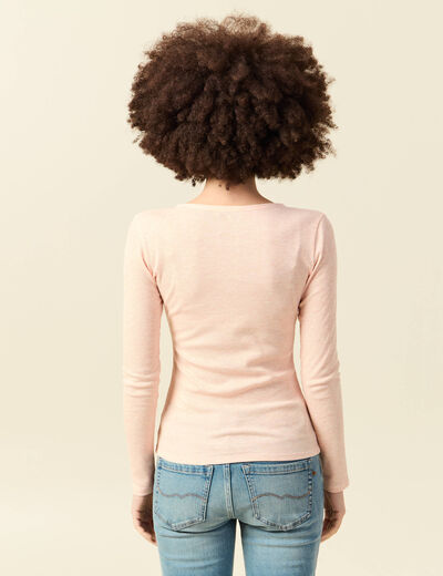 T-shirt cintr&eacute; manches longues col rond rose champagne femme