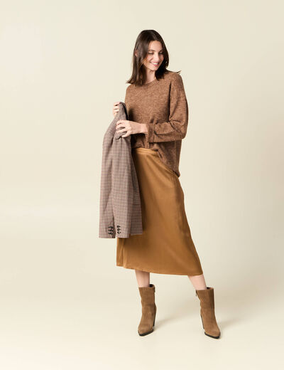 Jupe midi droite satin marron clair femme