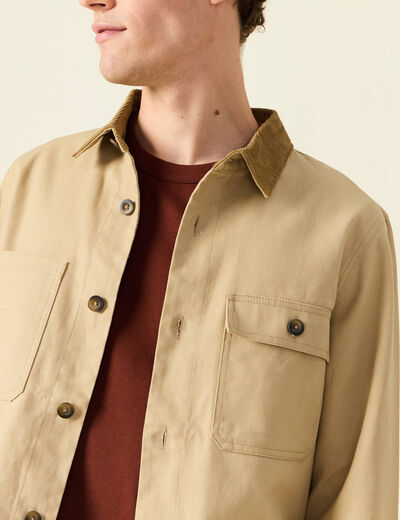 Veste boutonnée col velours beige homme