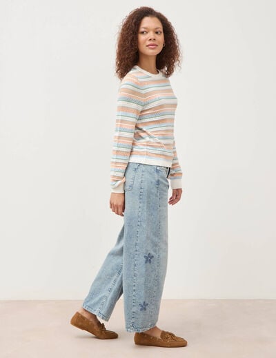 Pull ajour&eacute; col rond manches longues multicolore femme