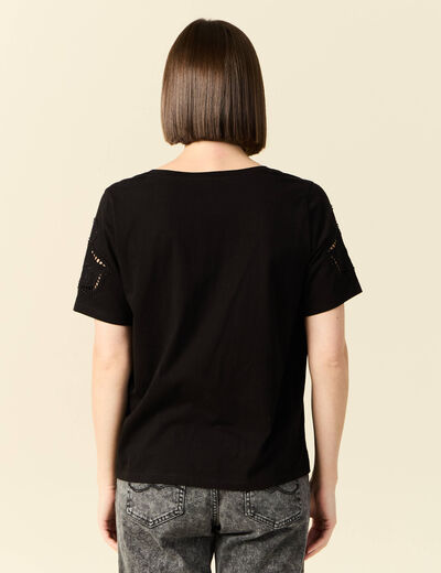 T-shirt manches courtes brodé noir femme