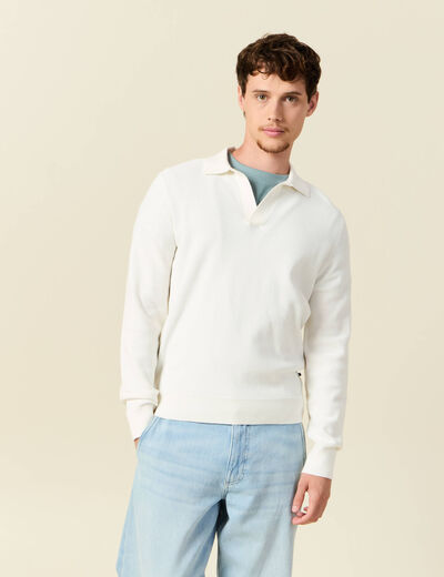Pull droit col polo manches longues ecru homme