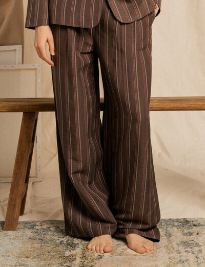 Pantalon large taille haute ray&eacute; marron chocolat femme