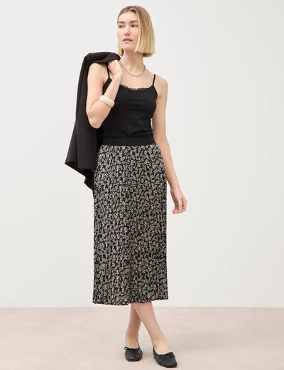 Jupe longue droite pliss&eacute;e noir femme