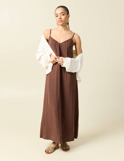 Robe bretelle col v fluide marron fonc&eacute; femme