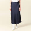 Jupe longue droite satin bleu marine femme