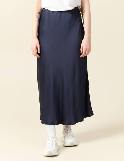 Jupe longue droite satin bleu marine femme