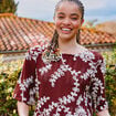 T-shirt brod&eacute; col rond manches 3/4 marron cognac femme