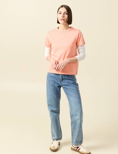T-shirt cintr&eacute; col rond manches courtes rose corail femme