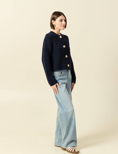Gilet droit court manches longues bleu marine femme