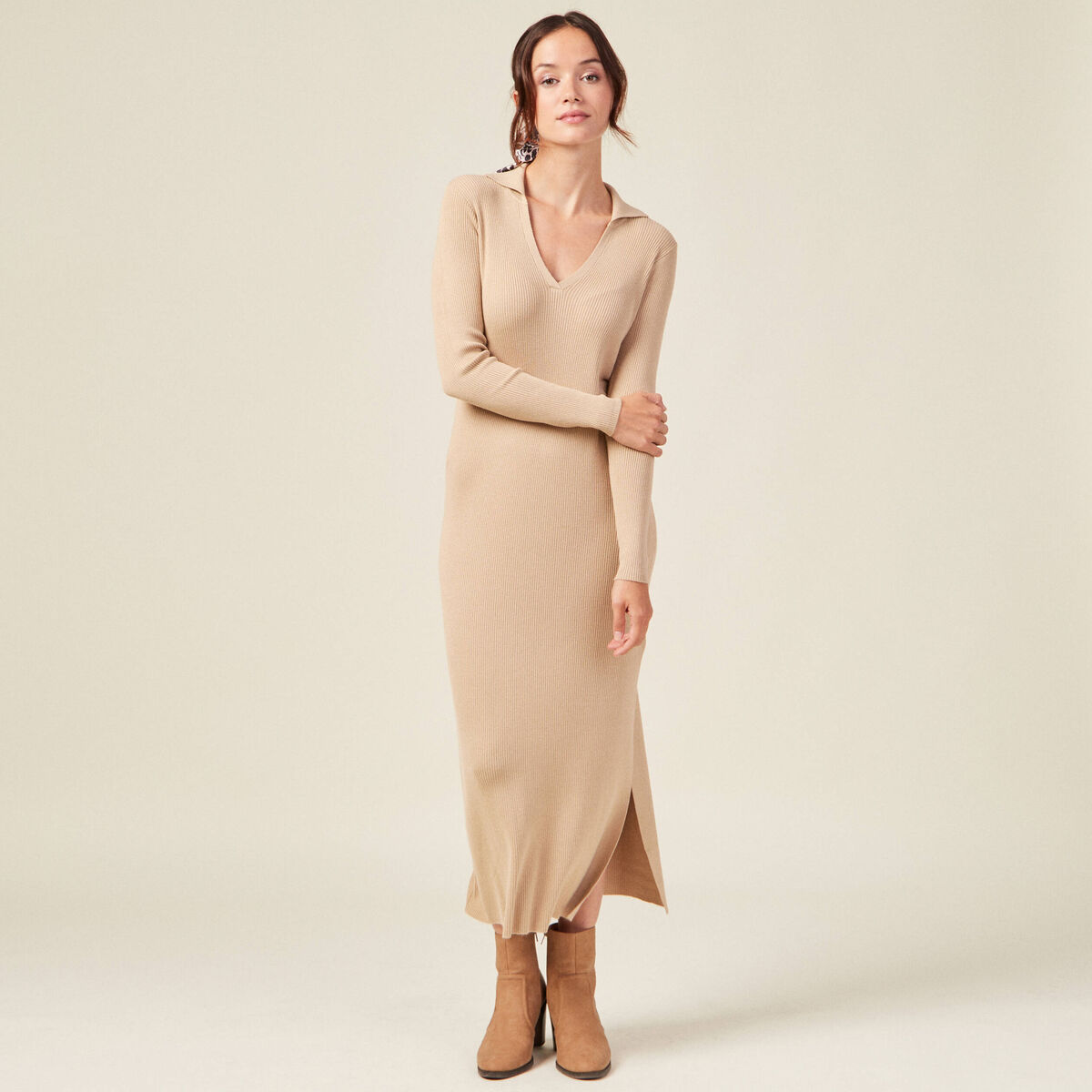 Robe pull longue moulante beige femme