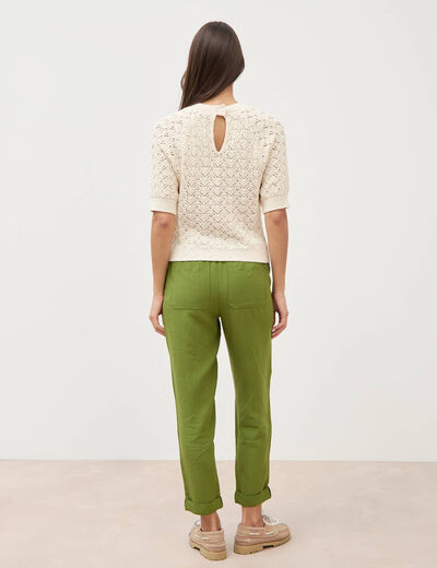 Pull droit court ajour&eacute; manches courtes camel femme