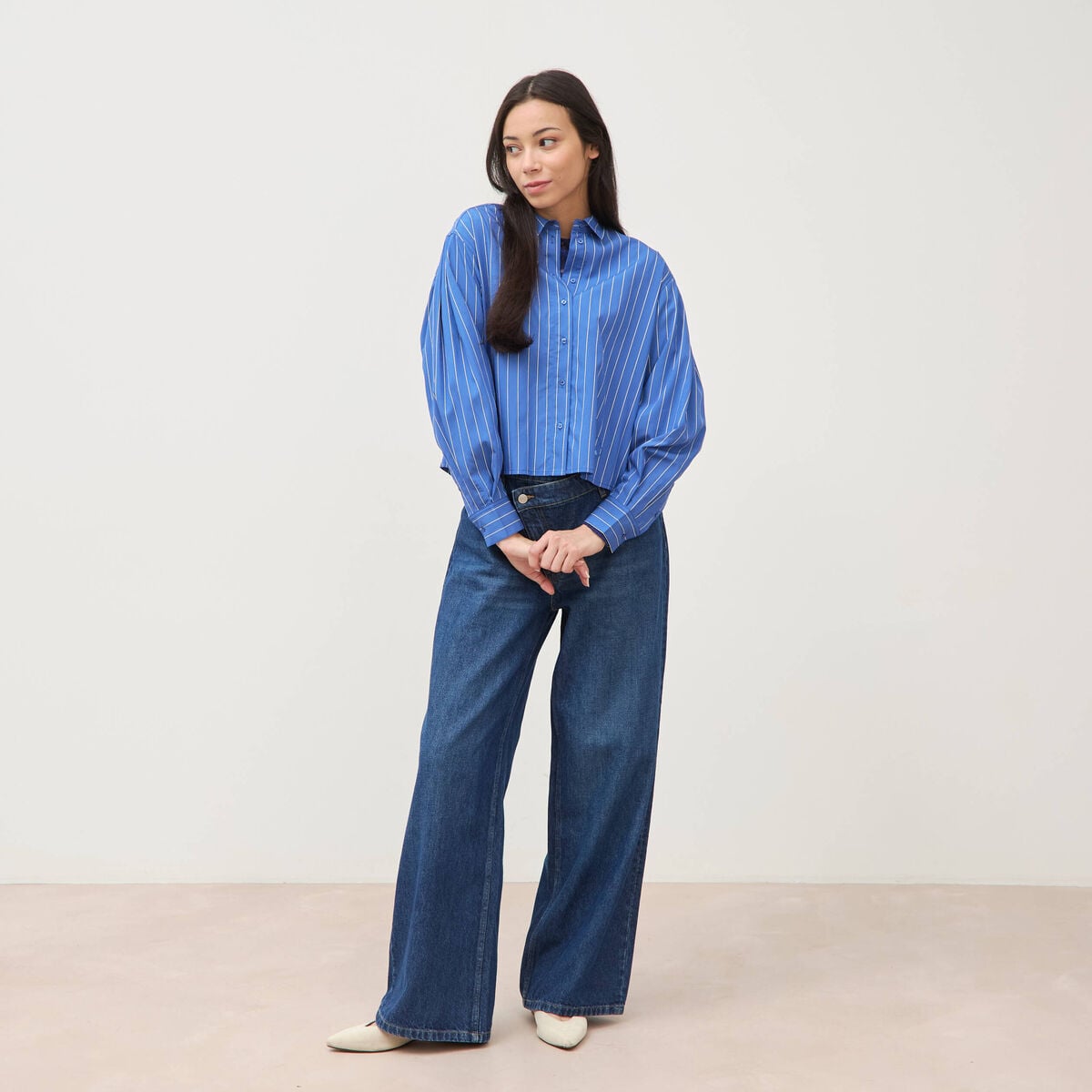 Chemise droite manches longues ray&eacute;e bleu femme