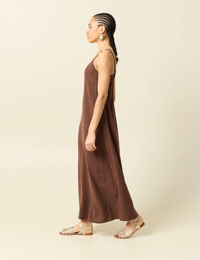 Robe bretelle col v fluide marron fonc&eacute; femme