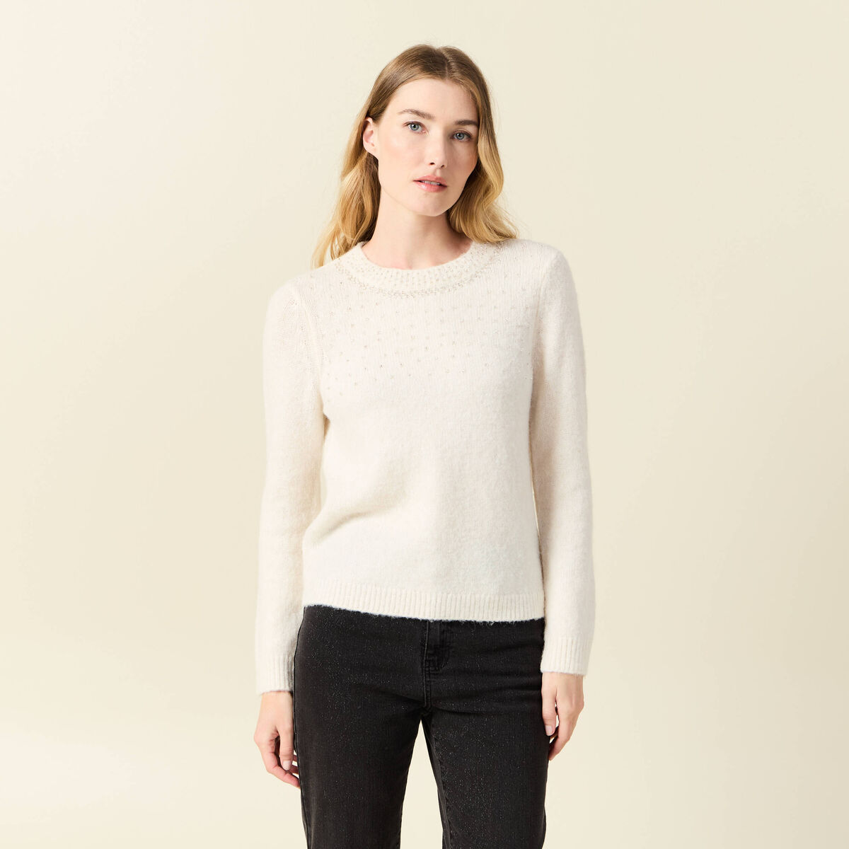 Pull manches longues perles ecru femme