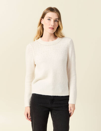 Pull manches longues perles ecru femme