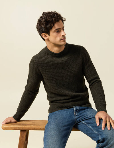 Pull col rond vert kaki homme