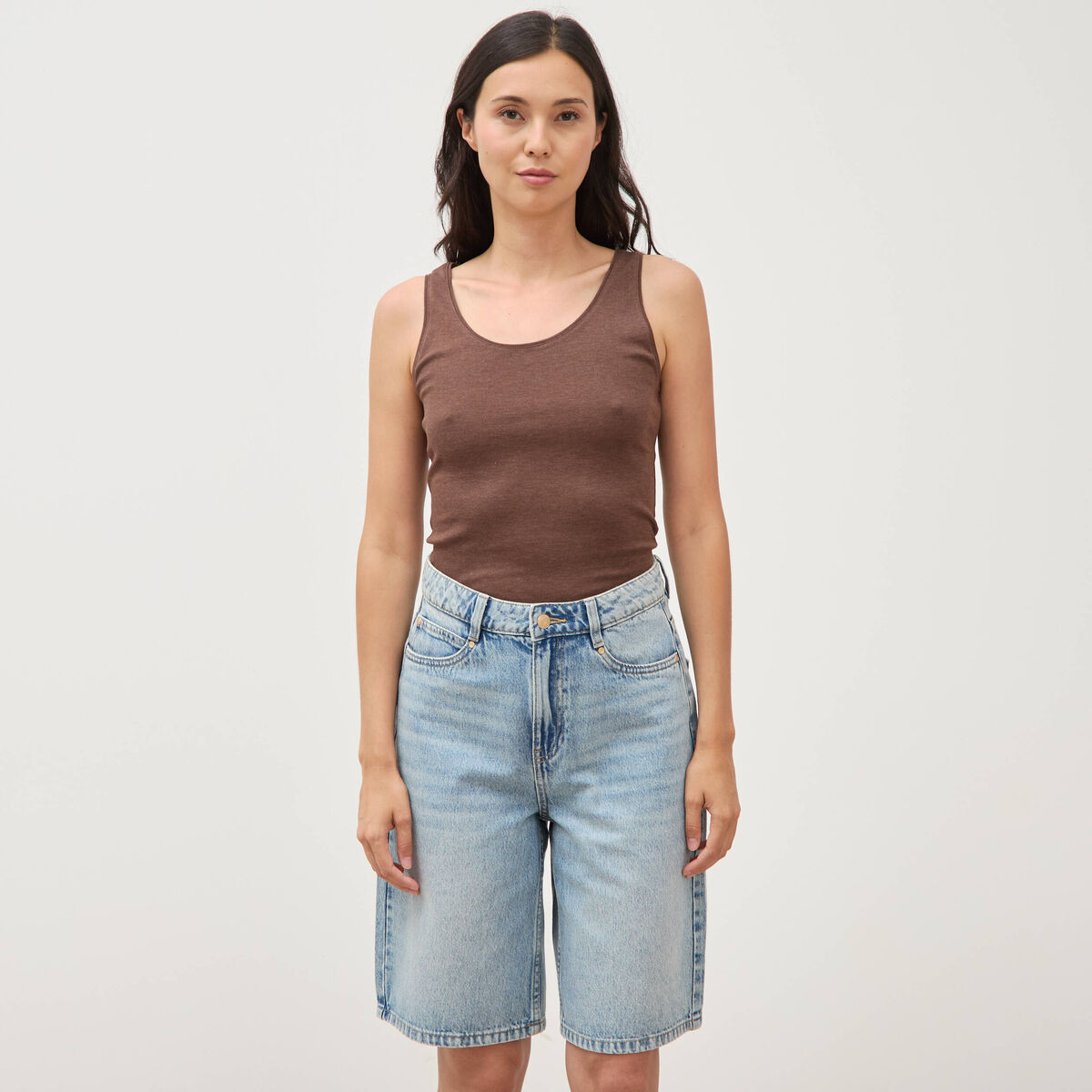 Bermuda large taille haute en coton denim used femme