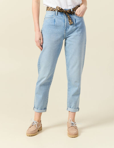 Jeans mom ceinture foulard denim bleach femme