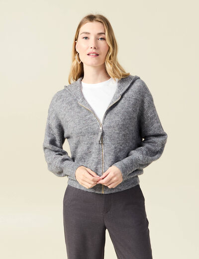 Gilet manches longues capuche gris clair femme