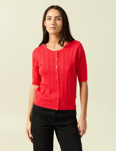 Gilet manches coude col rond rouge fonc&eacute; femme
