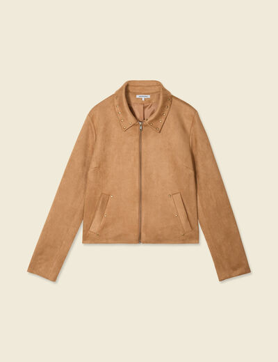 Blouson suédine col clouté beige femme