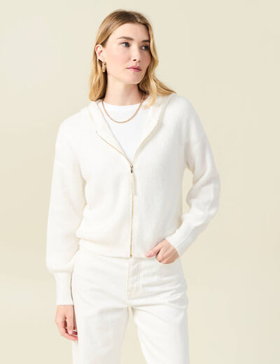 Gilet manches longues capuche ecru femme