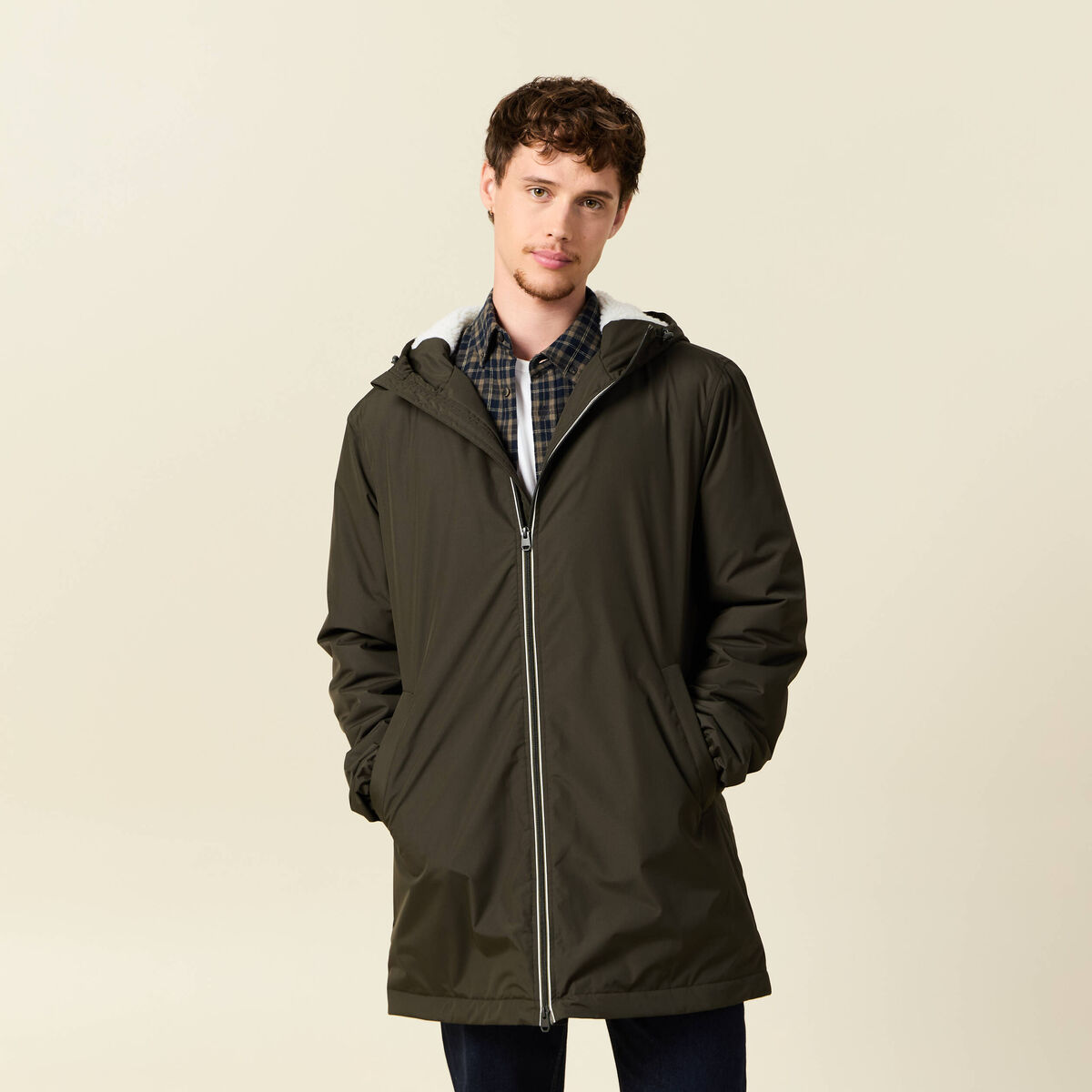 Parka longue droite &agrave; capuche vert kaki homme