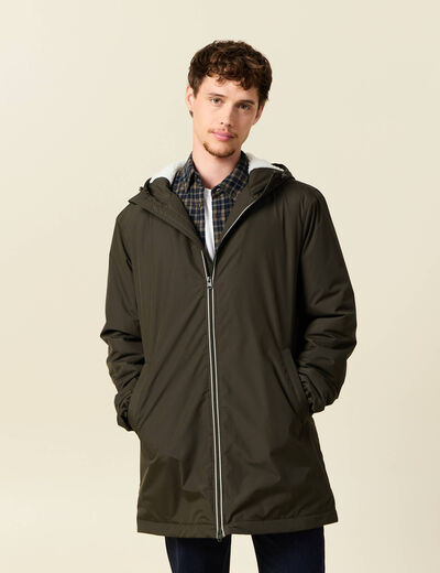 Parka longue droite &agrave; capuche vert kaki homme