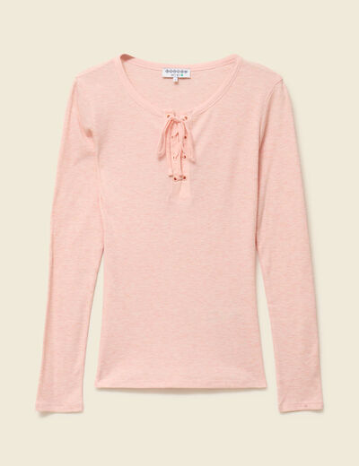 T-shirt cintr&eacute; manches longues col rond rose champagne femme