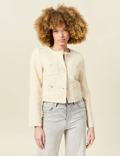 Veste tweed courte jaune pastel femme