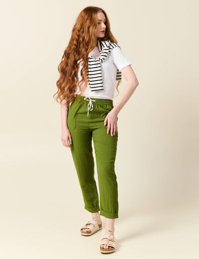 Pantalon carotte fluide vert olive femme
