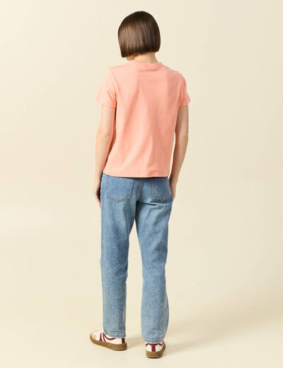 T-shirt cintr&eacute; col rond manches courtes rose corail femme