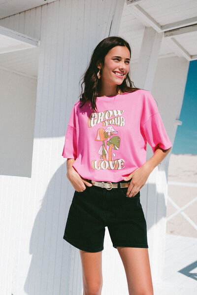 T-shirt manches courtes rose fushia femme