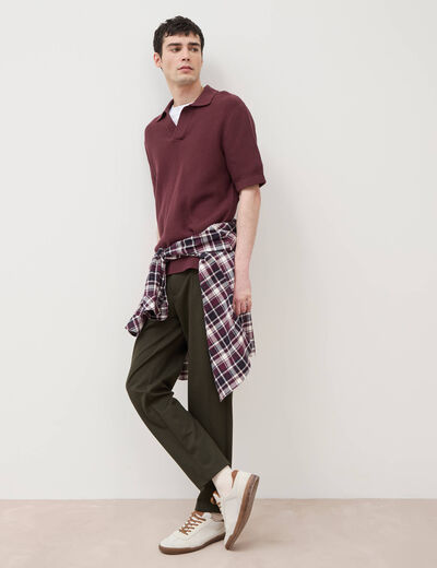 Polo ample col cubain manches courtes prune homme