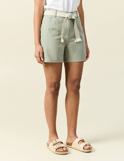Short boyfriend ceinturé jean vert kaki femme