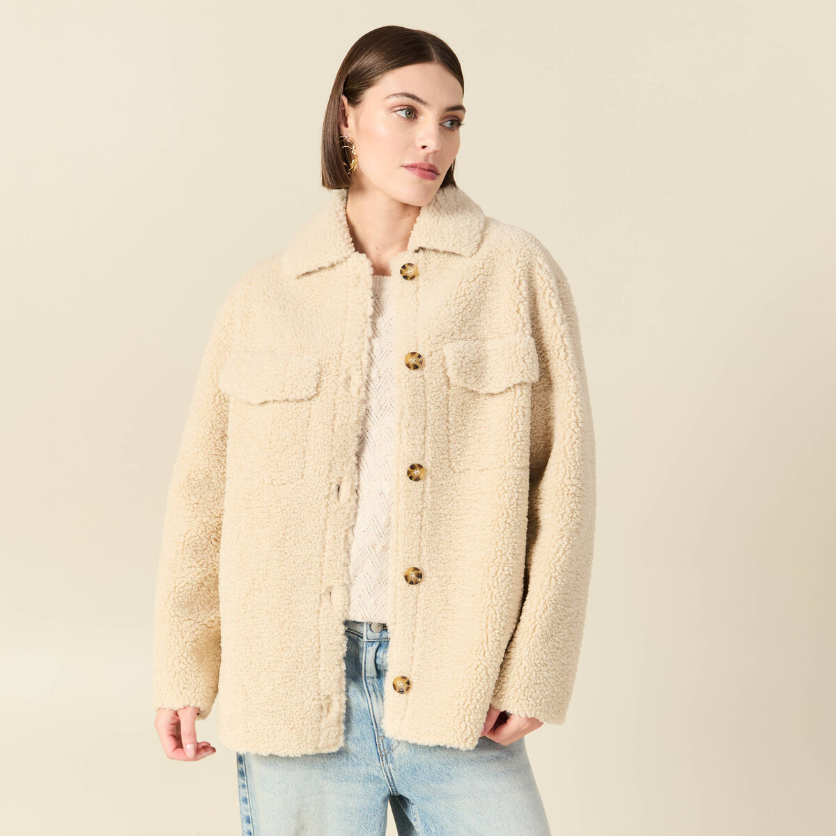 Manteau surchemise droit creme femme