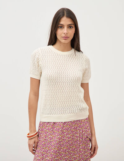 Pull col rond manches courtes creme femme