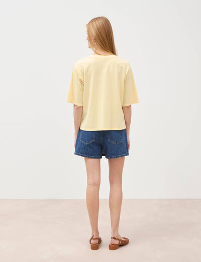T-shirt col v manches courtes en coton jaune clair femme