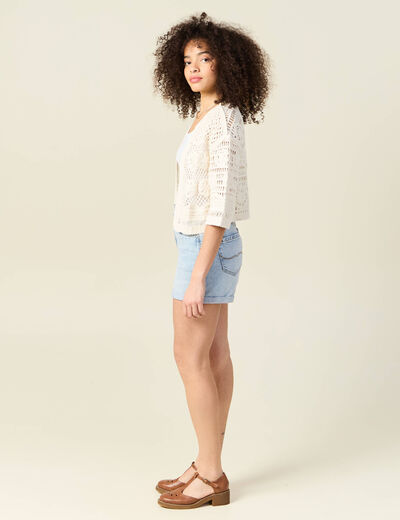 Gilet manches 3/4 ajouré ecru femme