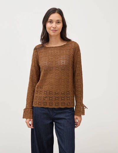 T-shirt manches longues en dentelle marron femme