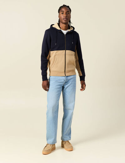 Sweat zippé à capuche beige homme