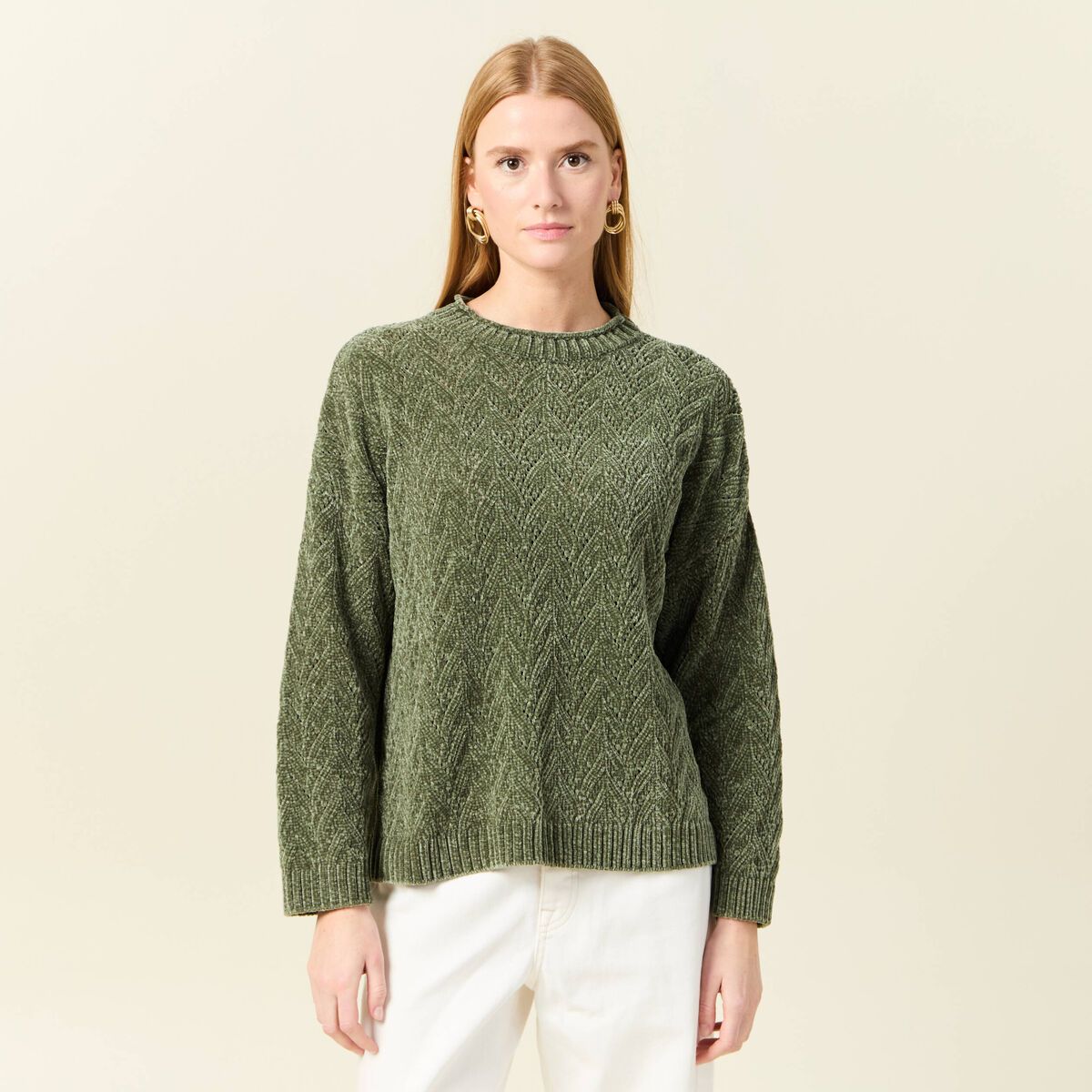 Pull manches longues ajouré vert kaki femme