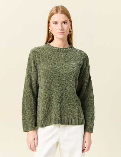 Pull manches longues ajouré vert kaki femme