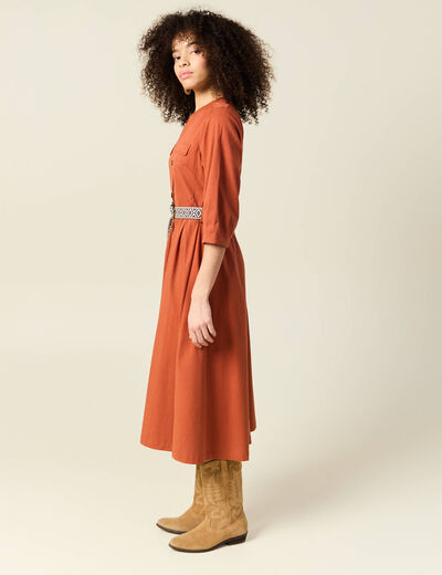 Robe midi évasée ceinturée marron cognac femme
